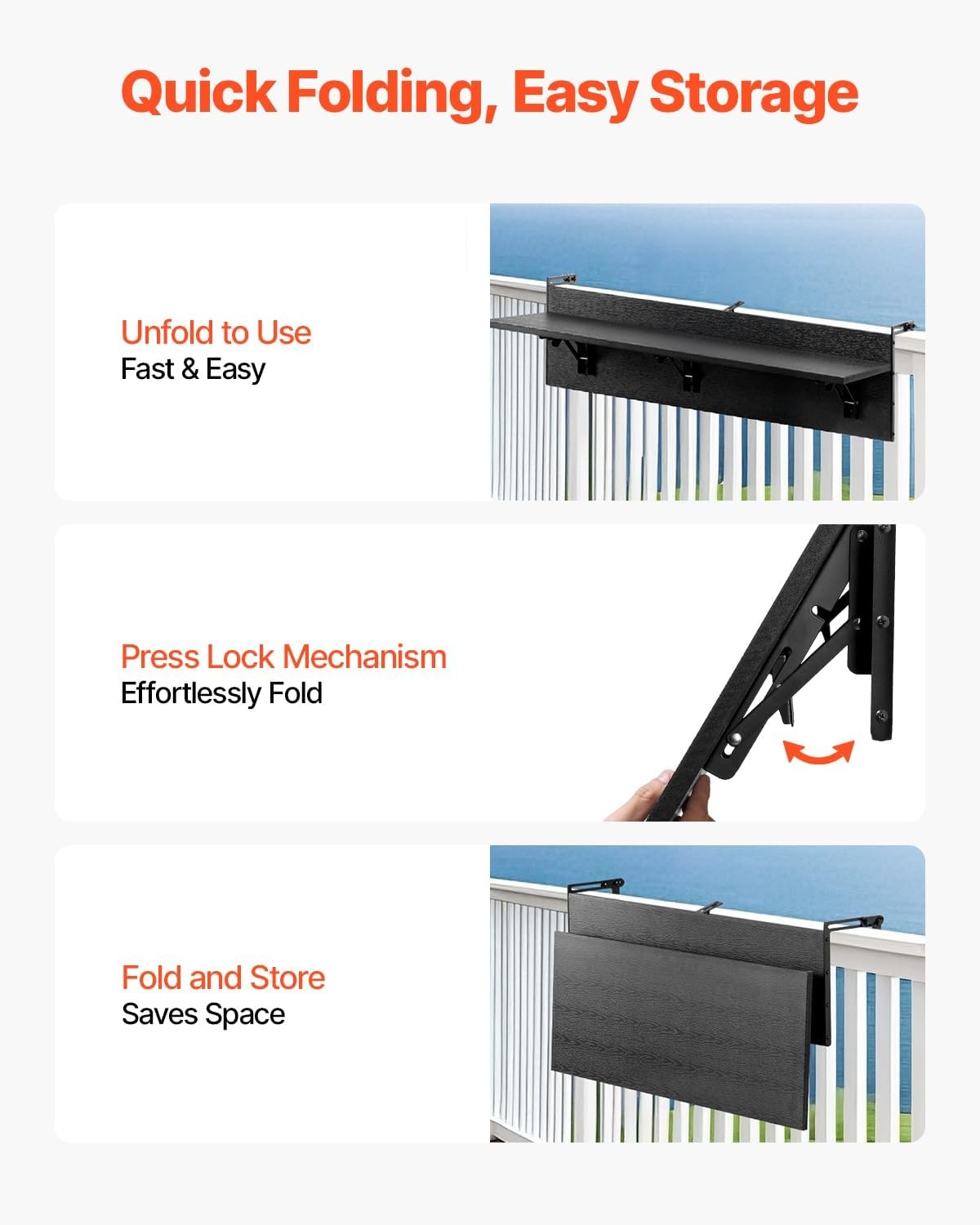 VEVOR Inklapbare Balkontafel 30,5 x 122 cm - Zwart - Ruimtebesparende Hangtafel voor Buiten