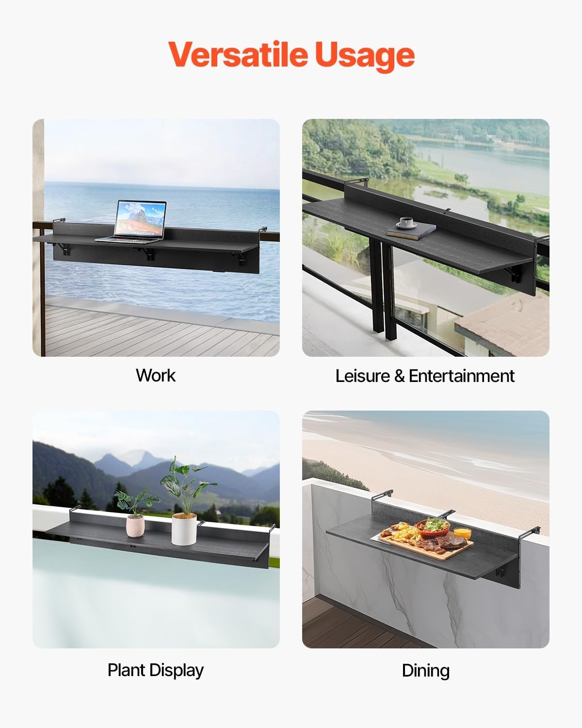 VEVOR Inklapbare Balkontafel 30,5 x 122 cm - Zwart - Ruimtebesparende Hangtafel voor Buiten