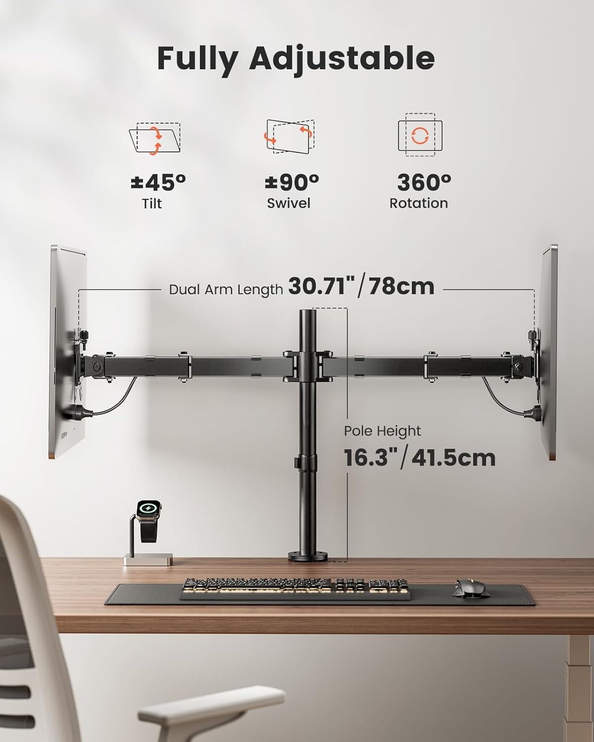 ErGear Dubbele Monitorarm voor 13" t/m 32" Schermen - Zwart