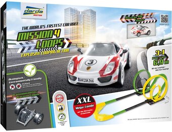 Darda 50255 - Racebaanset Mission 4 Loops, Autoracebaan Voor Auto's, Baanlengte Ca. 6,90 M, Baan Met 4 Loopings, 1 Kuipbocht en 1 Racewagen, Raceauto-Speelset, Kinderen Vanaf 5 Jaar