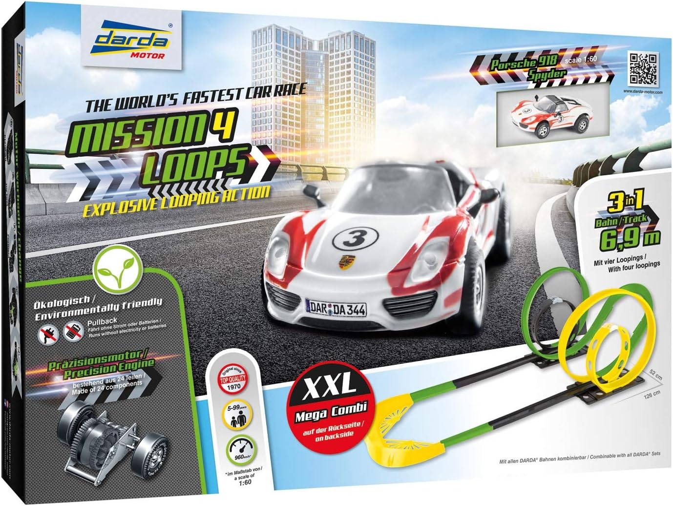 Darda 50255 - Racebaanset Mission 4 Loops, Autoracebaan Voor Auto's, Baanlengte Ca. 6,90 M, Baan Met 4 Loopings, 1 Kuipbocht en 1 Racewagen, Raceauto-Speelset, Kinderen Vanaf 5 Jaar