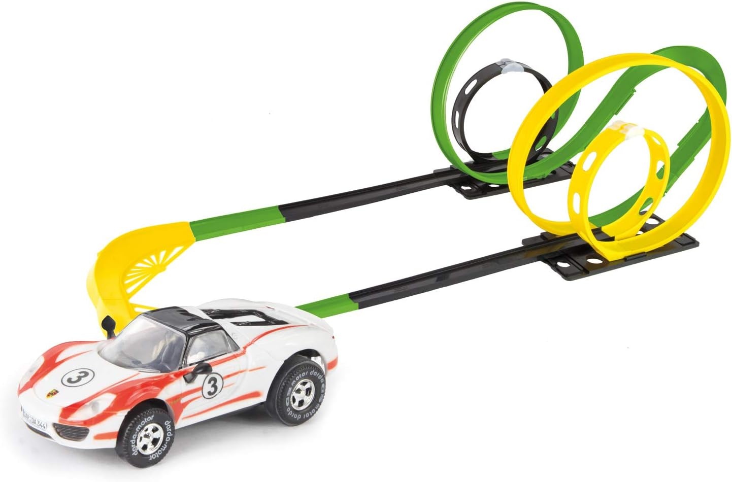 Darda 50255 - Racebaanset Mission 4 Loops, Autoracebaan Voor Auto's, Baanlengte Ca. 6,90 M, Baan Met 4 Loopings, 1 Kuipbocht en 1 Racewagen, Raceauto-Speelset, Kinderen Vanaf 5 Jaar