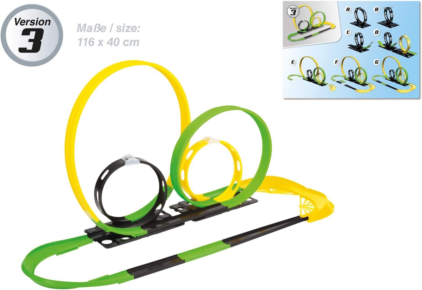 Darda 50255 - Racebaanset Mission 4 Loops, Autoracebaan Voor Auto's, Baanlengte Ca. 6,90 M, Baan Met 4 Loopings, 1 Kuipbocht en 1 Racewagen, Raceauto-Speelset, Kinderen Vanaf 5 Jaar
