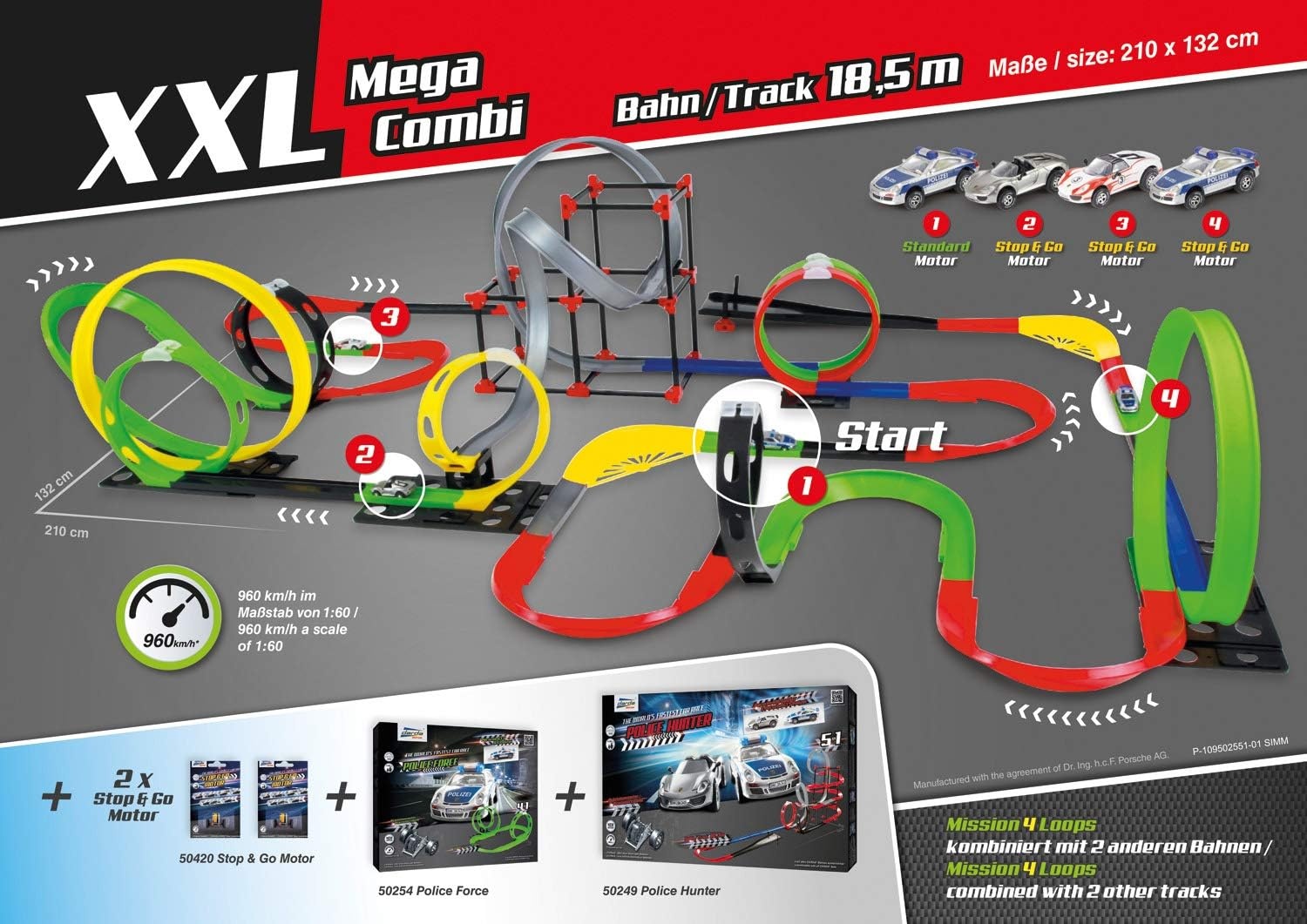 Darda 50255 - Racebaanset Mission 4 Loops, Autoracebaan Voor Auto's, Baanlengte Ca. 6,90 M, Baan Met 4 Loopings, 1 Kuipbocht en 1 Racewagen, Raceauto-Speelset, Kinderen Vanaf 5 Jaar