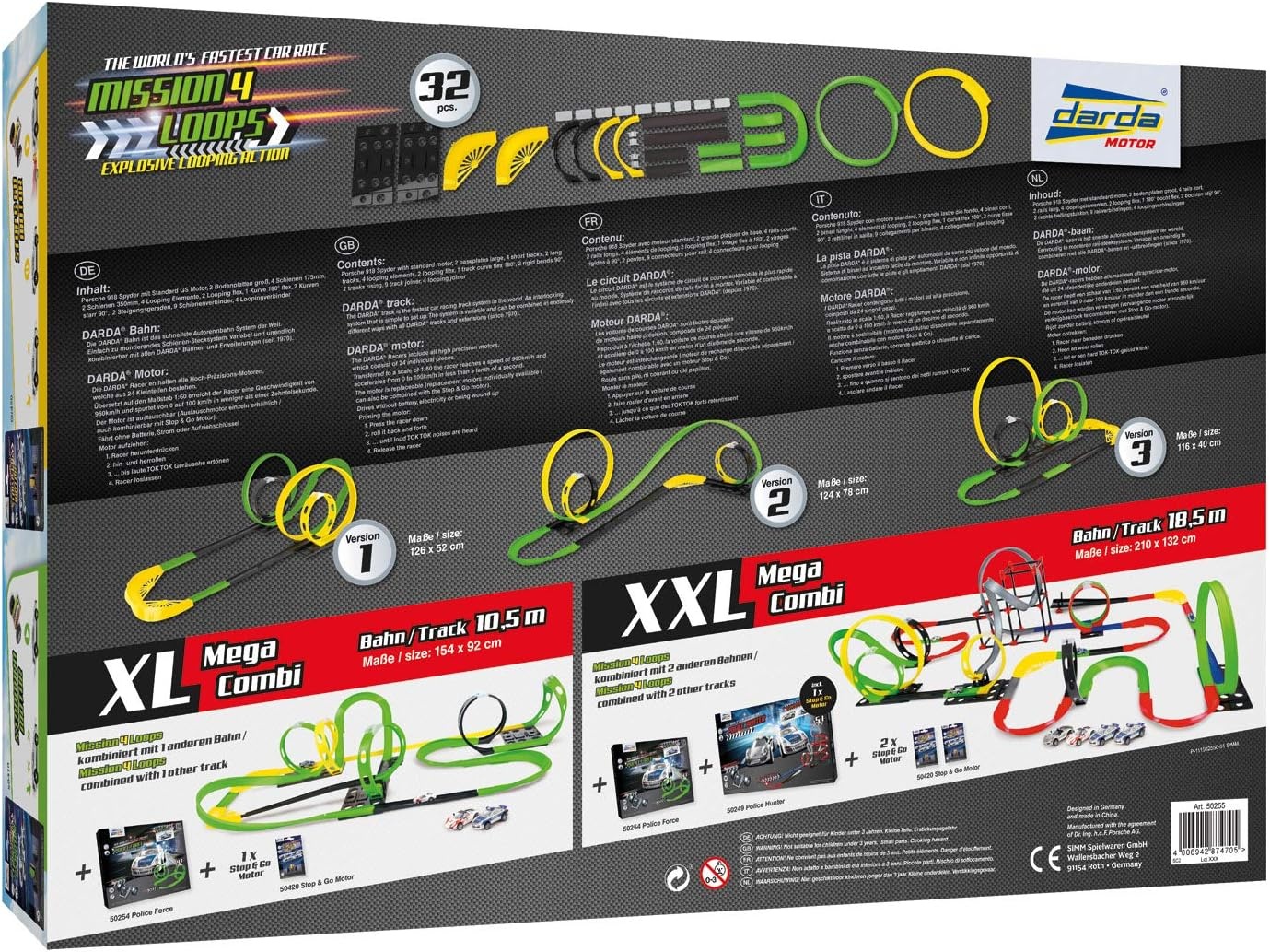 Darda 50255 - Racebaanset Mission 4 Loops, Autoracebaan Voor Auto's, Baanlengte Ca. 6,90 M, Baan Met 4 Loopings, 1 Kuipbocht en 1 Racewagen, Raceauto-Speelset, Kinderen Vanaf 5 Jaar
