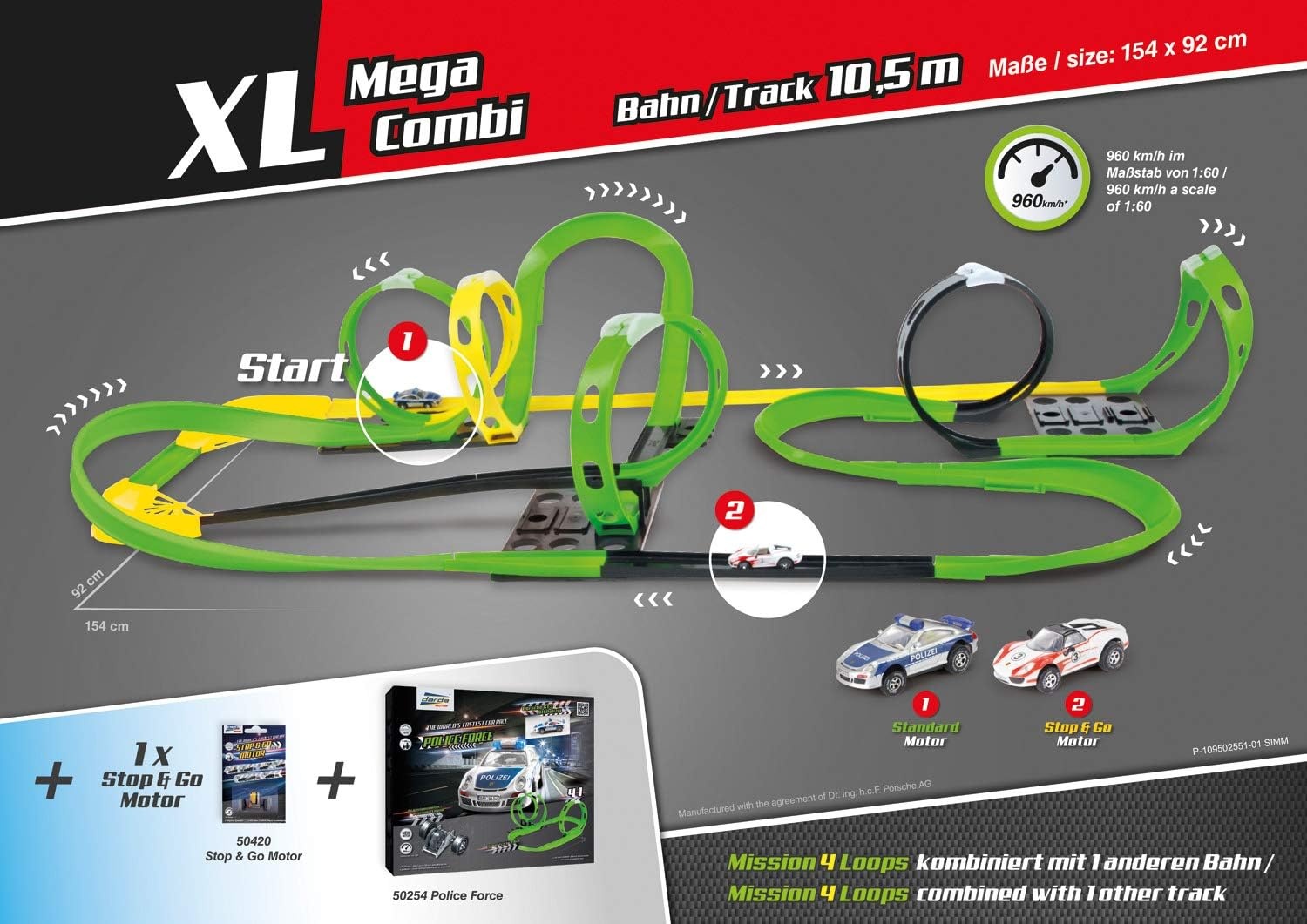 Darda 50255 - Racebaanset Mission 4 Loops, Autoracebaan Voor Auto's, Baanlengte Ca. 6,90 M, Baan Met 4 Loopings, 1 Kuipbocht en 1 Racewagen, Raceauto-Speelset, Kinderen Vanaf 5 Jaar
