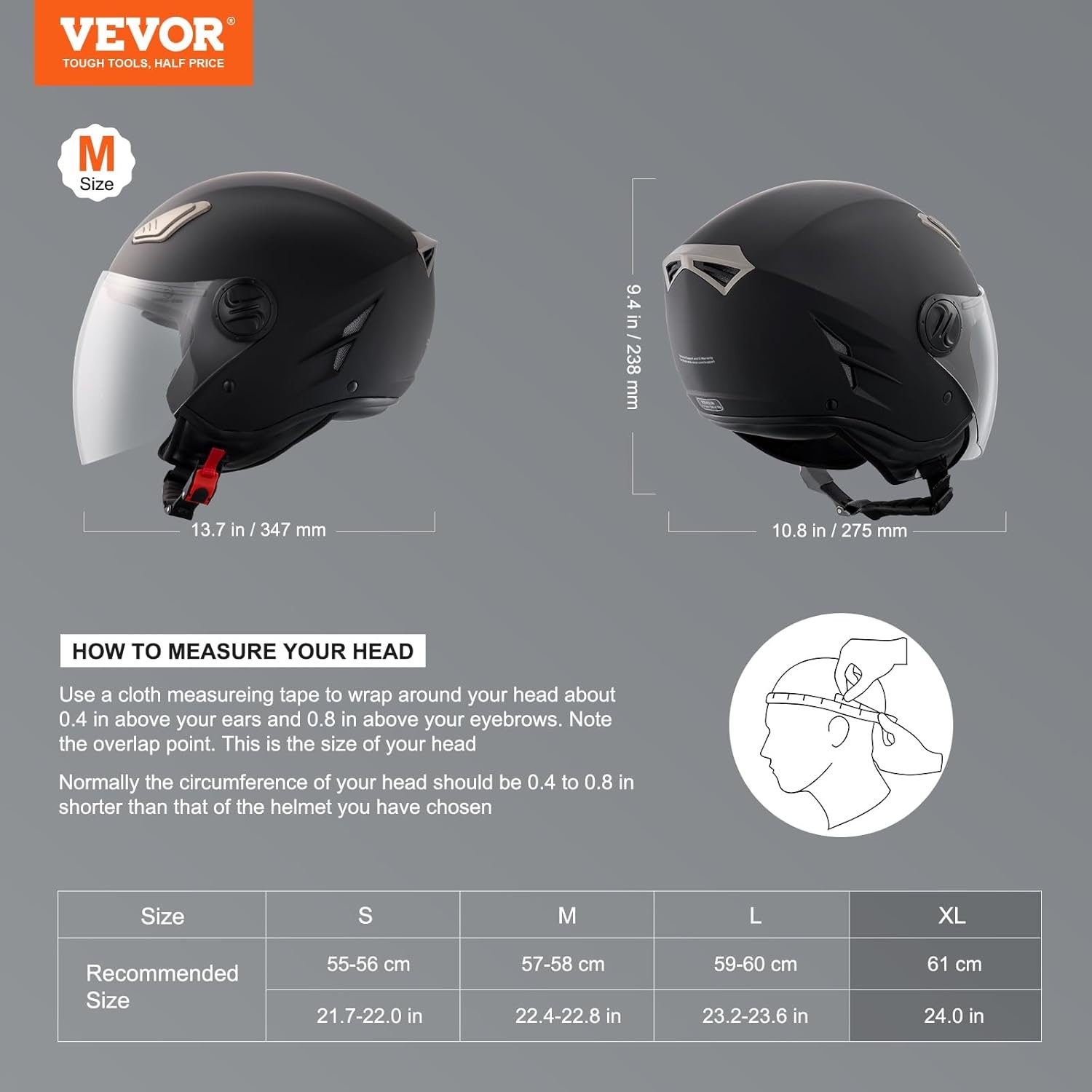 VEVOR Motorcycle Helmet, 3/4-Face, Smart Street ABS & High Density Helmet with Bluetooth Slot & Interchangeable Lens, DOT Approved Comfortable Motocross Helmet, Fit for Youth & Adults