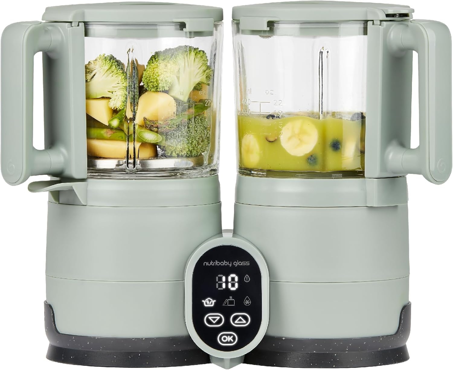 Babymoov Multifunctionele Baby Keukenmachine Nutribaby Glass - Glazen Kommen - 4 in 1 Stoom Blender, Grote Capaciteit 1.9L, Celadon Green