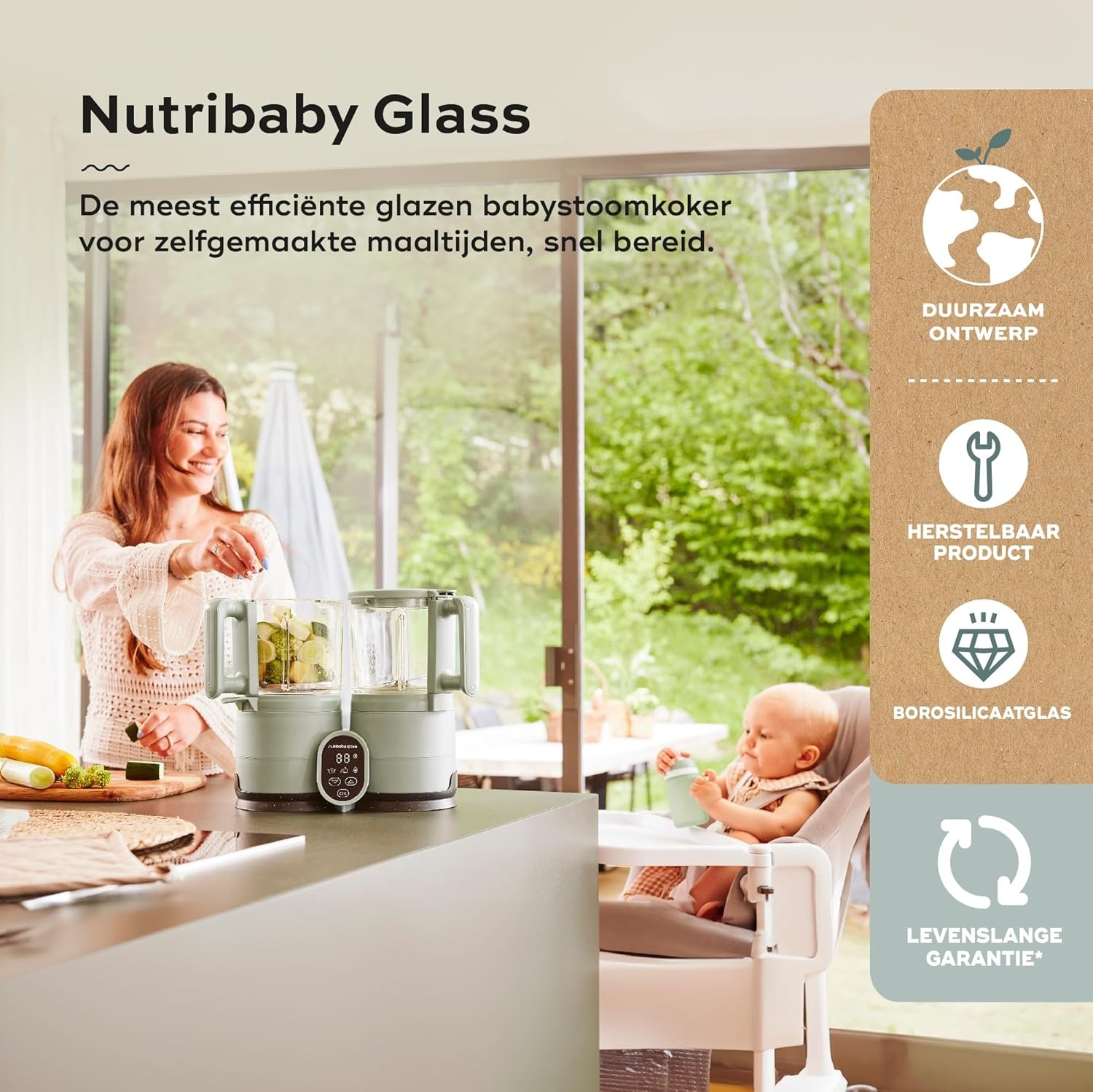 Babymoov Multifunctionele Baby Keukenmachine Nutribaby Glass - Glazen Kommen - 4 in 1 Stoom Blender, Grote Capaciteit 1.9L, Celadon Green