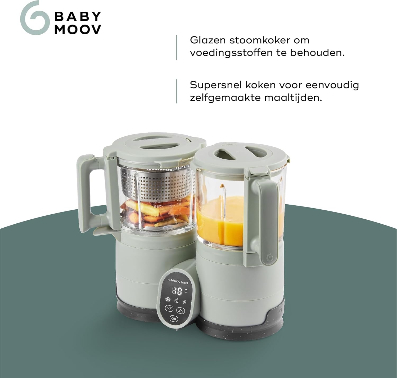 Babymoov Multifunctionele Baby Keukenmachine Nutribaby Glass - Glazen Kommen - 4 in 1 Stoom Blender, Grote Capaciteit 1.9L, Celadon Green