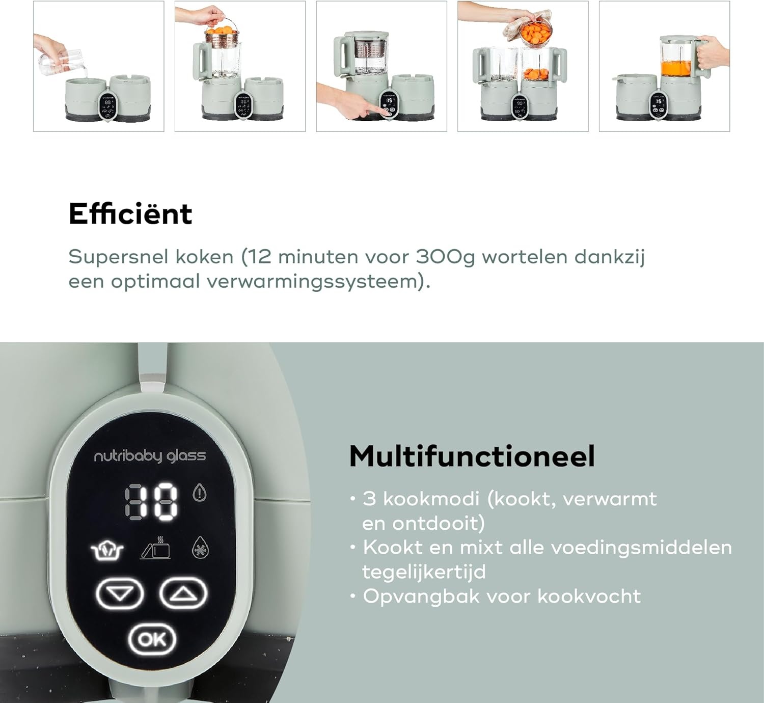 Babymoov Multifunctionele Baby Keukenmachine Nutribaby Glass - Glazen Kommen - 4 in 1 Stoom Blender, Grote Capaciteit 1.9L, Celadon Green