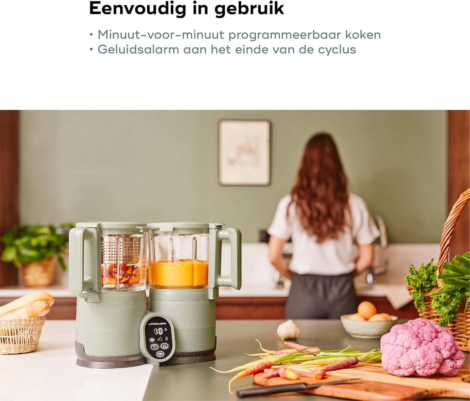 Babymoov Multifunctionele Baby Keukenmachine Nutribaby Glass - Glazen Kommen - 4 in 1 Stoom Blender, Grote Capaciteit 1.9L, Celadon Green