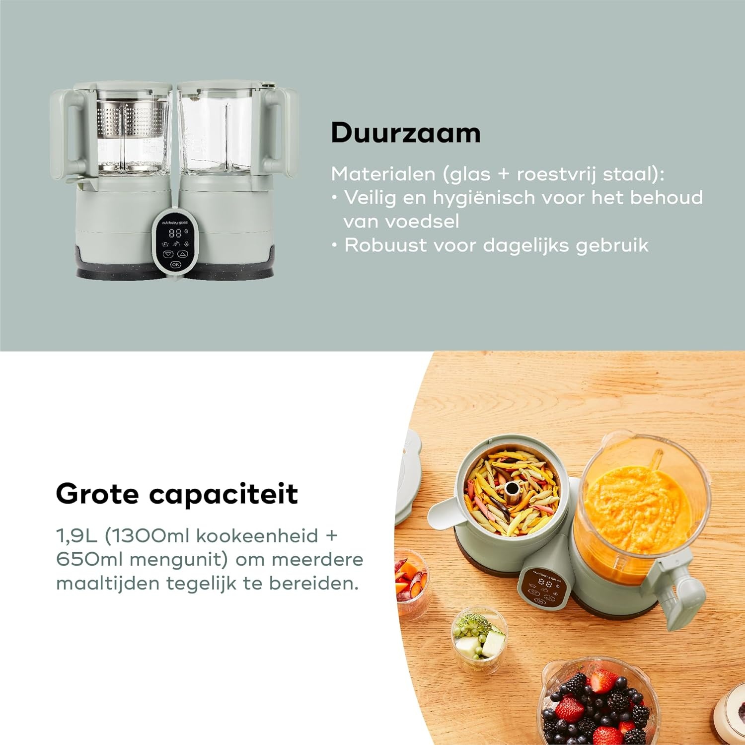 Babymoov Multifunctionele Baby Keukenmachine Nutribaby Glass - Glazen Kommen - 4 in 1 Stoom Blender, Grote Capaciteit 1.9L, Celadon Green