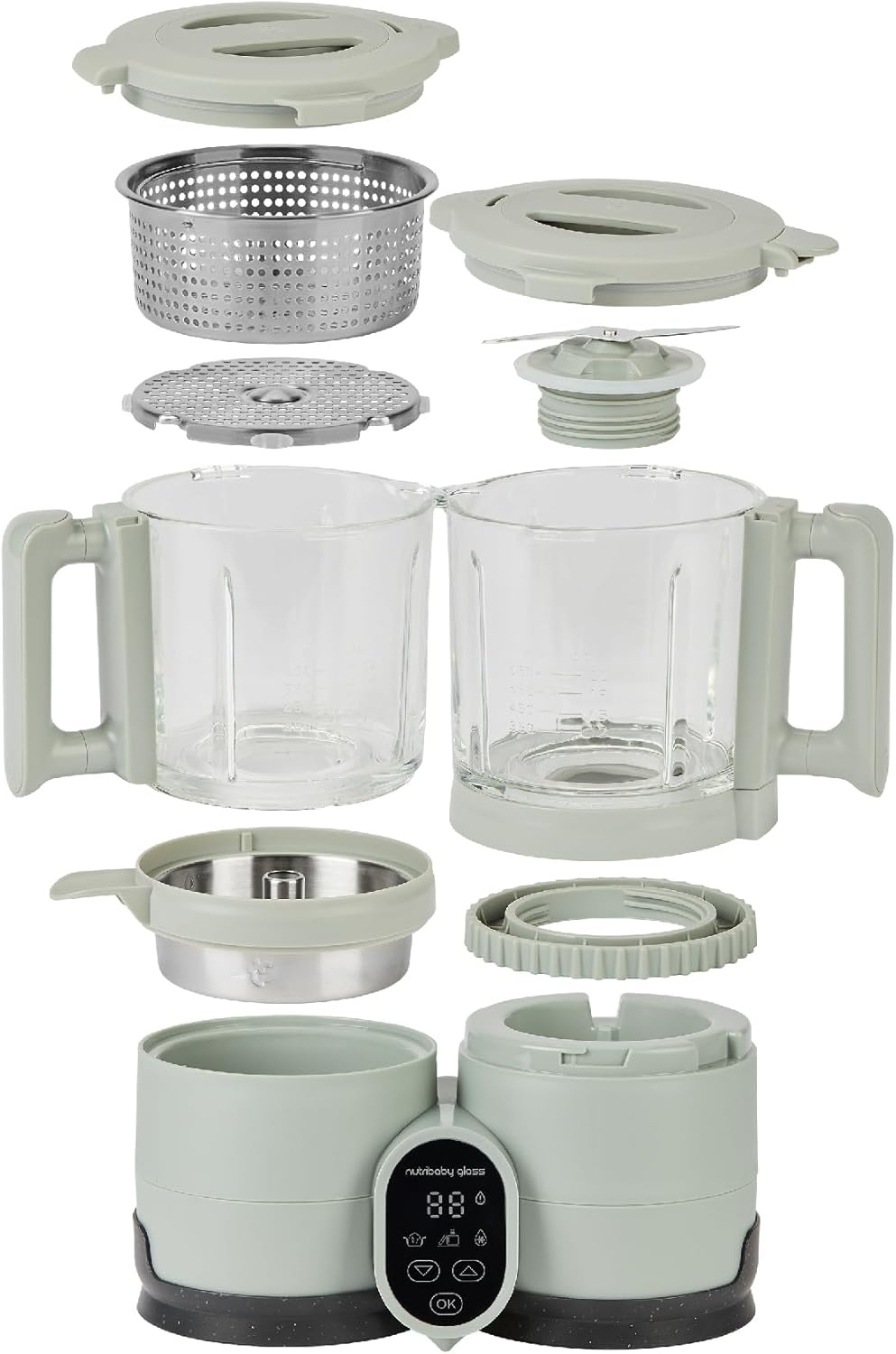 Babymoov Multifunctionele Baby Keukenmachine Nutribaby Glass - Glazen Kommen - 4 in 1 Stoom Blender, Grote Capaciteit 1.9L, Celadon Green