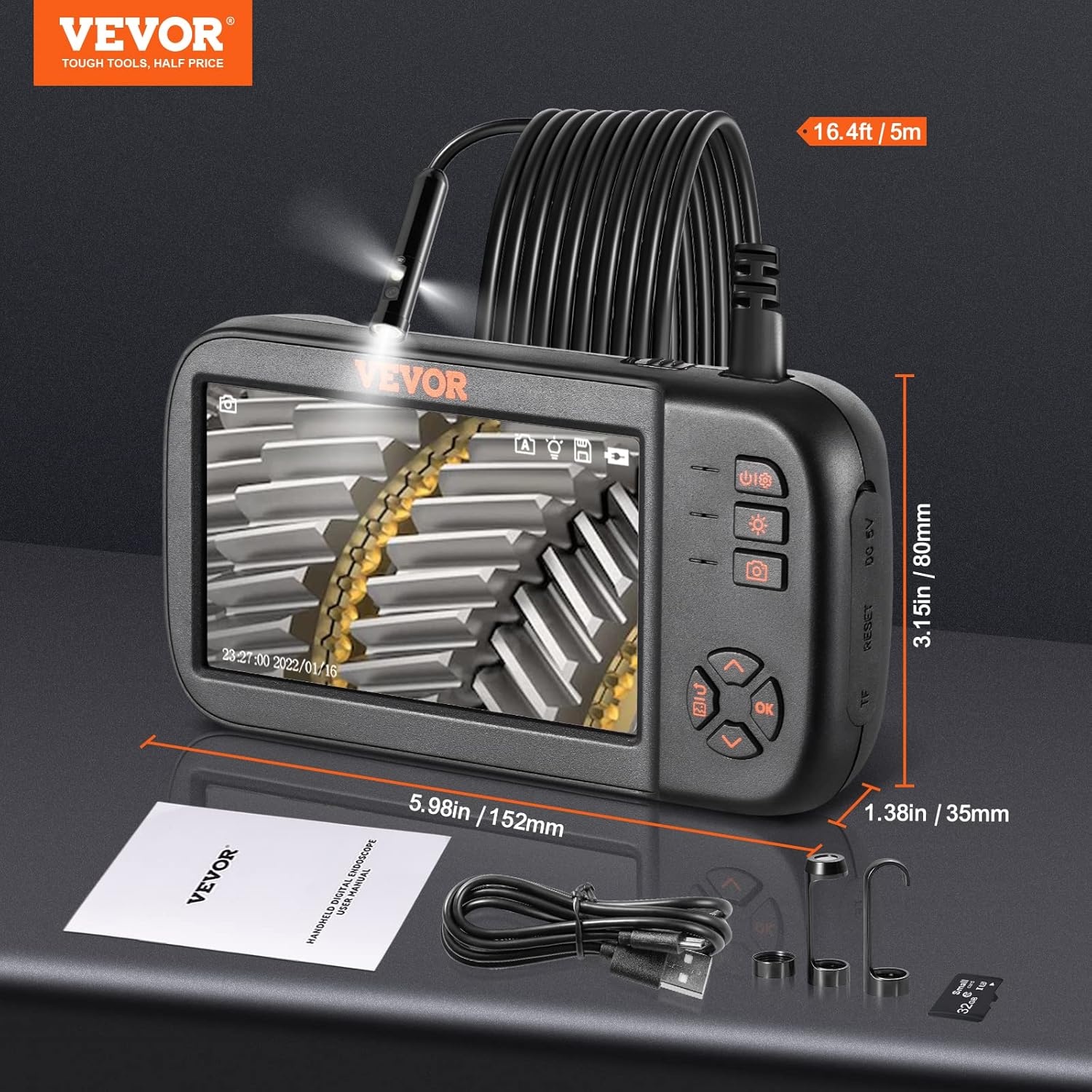 VEVOR Endoscoop Camera met 3 Lenzen - 4,5 inch IPS Scherm - 5 meter kabel - Zwart