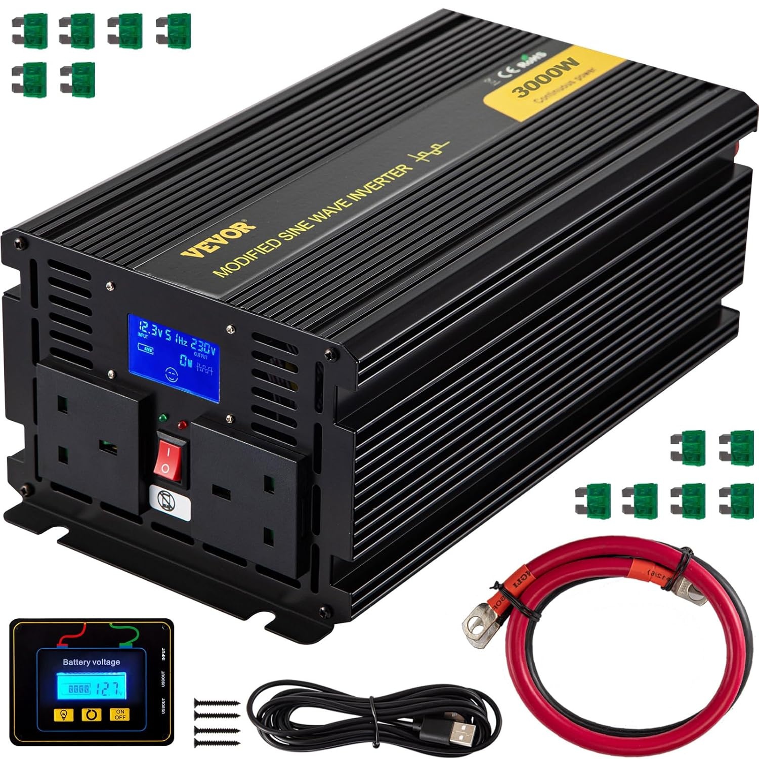 VEVOR Omvormer sinusgolf, gemodificeerde spanning van 12 V DC naar 240 V AC, gemodificeerd convertervermogen 3000 W naar 6000 W, omvormer met lcd-scherm, lcd-afstandsbediening met kabel en 4 schroeven