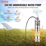 VEVOR Waterpomp op zonne-energie, 24 V DC, 277 W, dieptebronpomp, max. debiet 2,1 m³/u, max. opvoerhoogte 83 m, max. onderdompeldiepte 20 m, irrigatie van boerderijen, water geven van boerderijen,