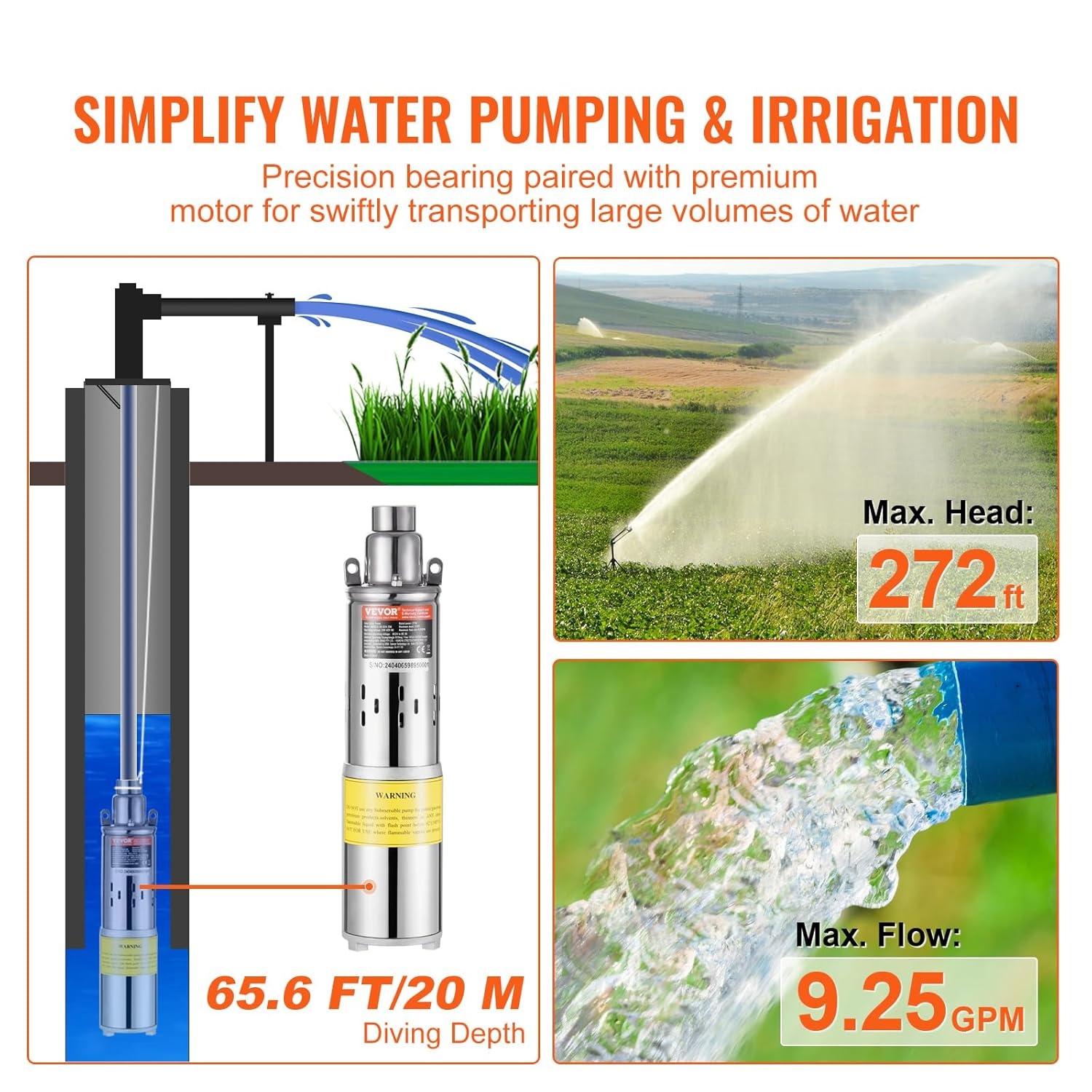 VEVOR Waterpomp op zonne-energie, 24 V DC, 277 W, dieptebronpomp, max. debiet 2,1 m³/u, max. opvoerhoogte 83 m, max. onderdompeldiepte 20 m, irrigatie van boerderijen, water geven van boerderijen,