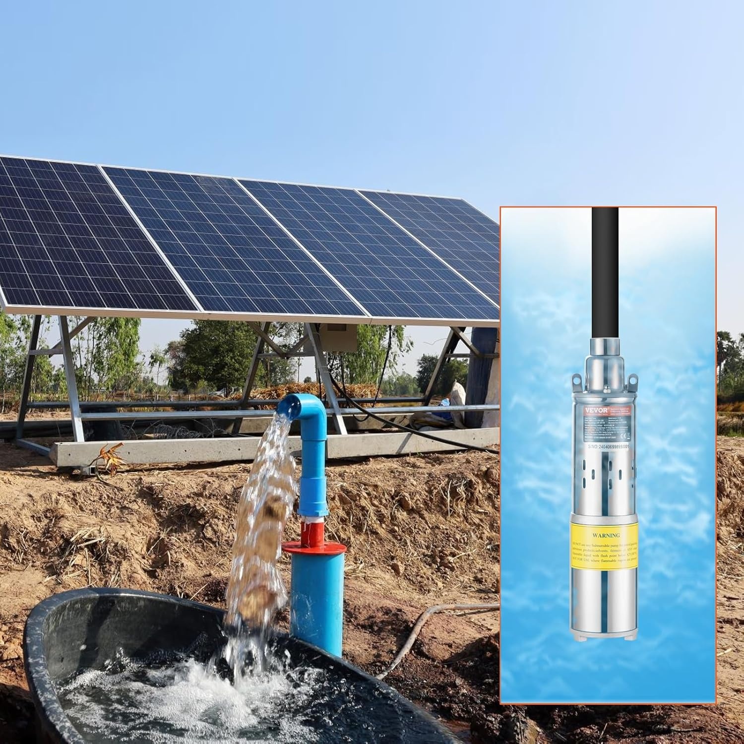 VEVOR Waterpomp op zonne-energie, 24 V DC, 277 W, dieptebronpomp, max. debiet 2,1 m³/u, max. opvoerhoogte 83 m, max. onderdompeldiepte 20 m, irrigatie van boerderijen, water geven van boerderijen,