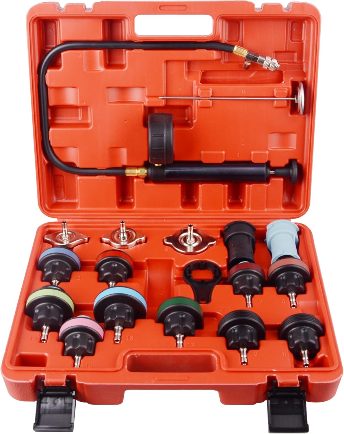 DAYUAN 18-delige Koelsysteemtester, koeler druktester, koeler afdrukreservoir, koeler druk test afdrukreservoir, koelsysteem tester afdrukreservoir, watertank lekkagezoeker, gereedschap