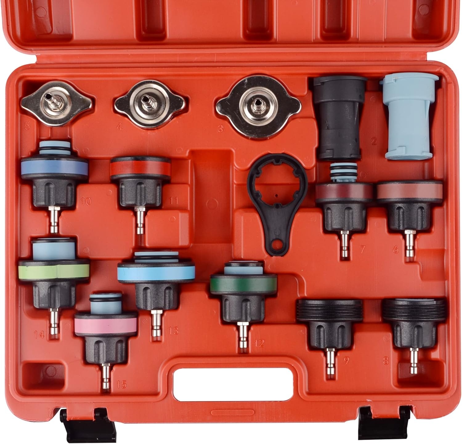 DAYUAN 18-delige Koelsysteemtester, koeler druktester, koeler afdrukreservoir, koeler druk test afdrukreservoir, koelsysteem tester afdrukreservoir, watertank lekkagezoeker, gereedschap