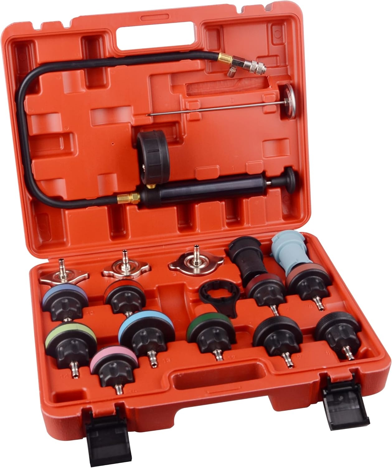 DAYUAN 18-delige Koelsysteemtester, koeler druktester, koeler afdrukreservoir, koeler druk test afdrukreservoir, koelsysteem tester afdrukreservoir, watertank lekkagezoeker, gereedschap