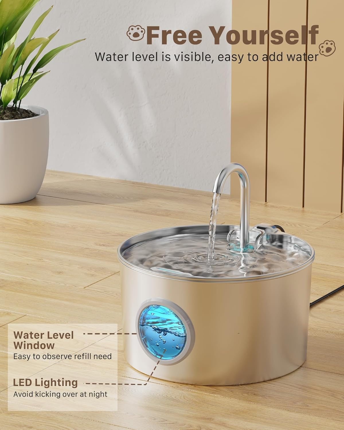 Roestvrijstalen kattenfontein, automatische kattendrinkbak, 2,2 l, waterfontein voor katten, zeer stil, waterdispenser voor katten en honden, met 6 filters + 3 sponzen