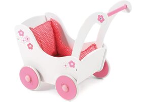 Houten Poppenwagen Fiori Kantelveilig met Loopwagen Functie (Wit/Roze)