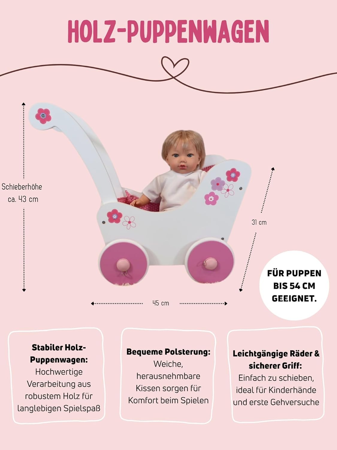 Bayer Chic 2000 Houten Poppenwagen Fiori 55 x 31 x 45 cm - Wit/Roze