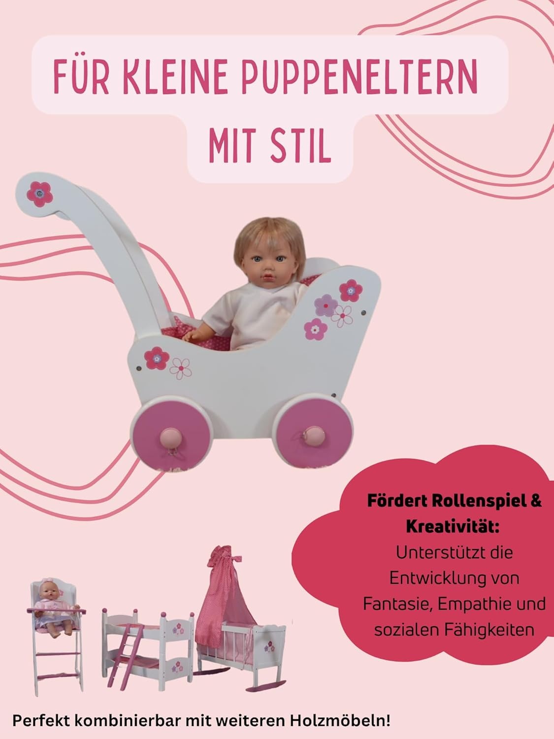 Bayer Chic 2000 Houten Poppenwagen Fiori 55 x 31 x 45 cm - Wit/Roze