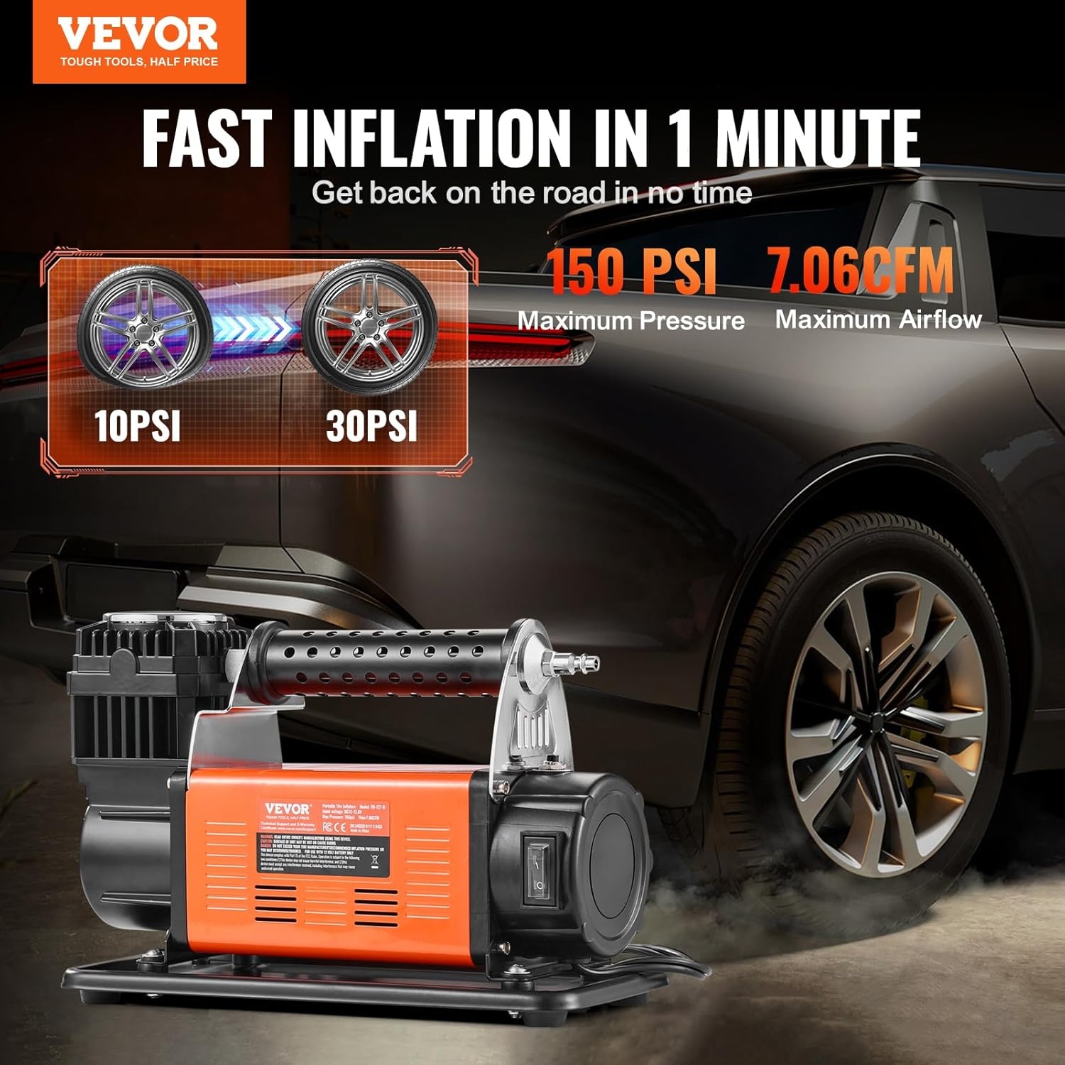 VEVOR 12V Heavy Duty Luchtcompressor - 150 PSI - 7.06 CFM - Oranje - Bandenpomp met Digitale Manometer