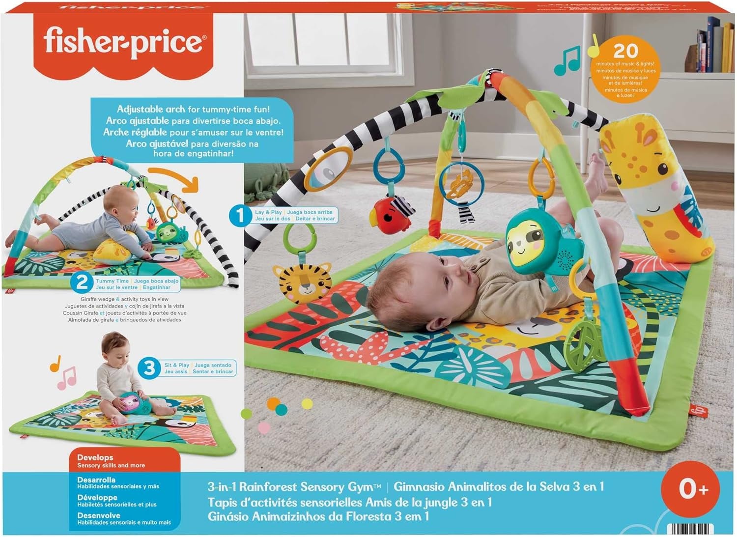 Fisher-Price 3-in-1 Baby Gym, Play Mat, Baby to Toddler, with 5 Developmental Toys with Lights and Sounds and Adjustable Bow, Rainforest, HJW08