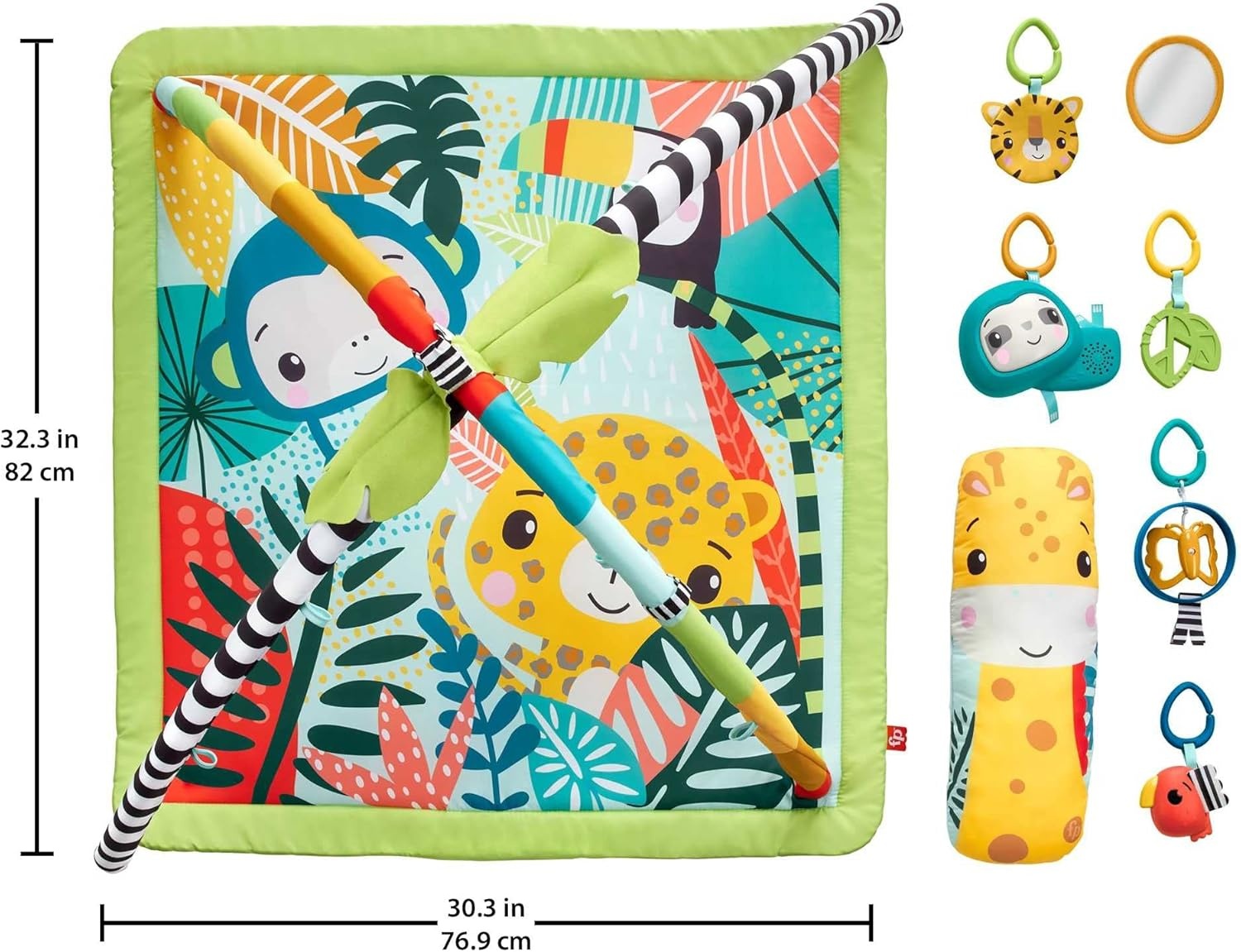 Fisher-Price 3-in-1 Baby Gym, Play Mat, Baby to Toddler, with 5 Developmental Toys with Lights and Sounds and Adjustable Bow, Rainforest, HJW08
