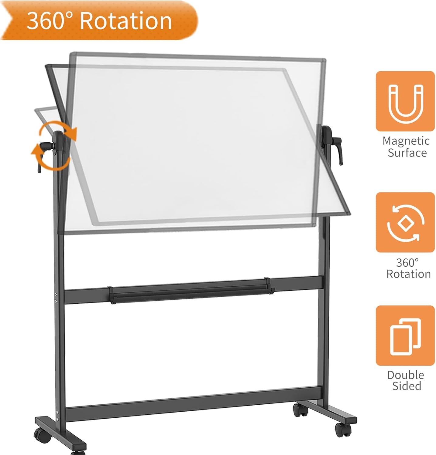 VIZ-PRO Dubbelzijdig magnetisch mobiel whiteboard, 120 x 90 cm, zwart aluminium frame en standaard