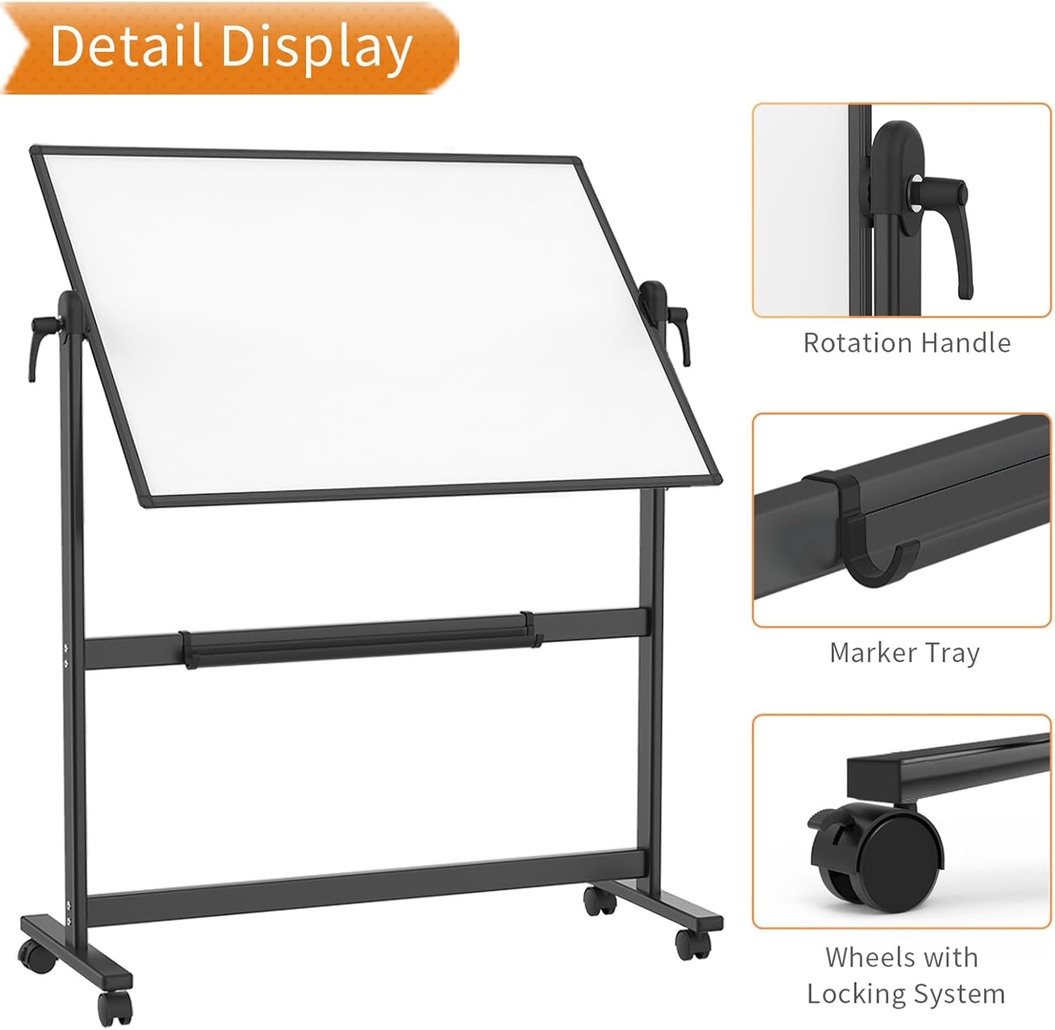 VIZ-PRO Dubbelzijdig magnetisch mobiel whiteboard, 120 x 90 cm, zwart aluminium frame en standaard