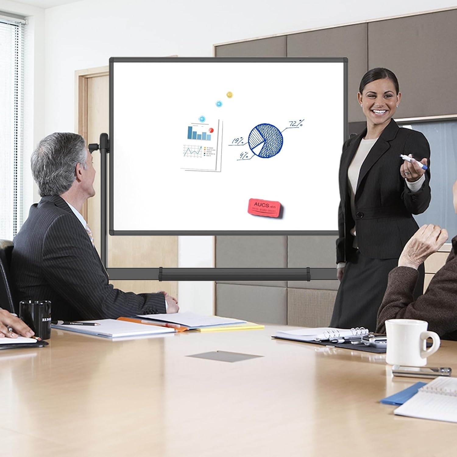 VIZ-PRO Dubbelzijdig magnetisch mobiel whiteboard, 120 x 90 cm, zwart aluminium frame en standaard