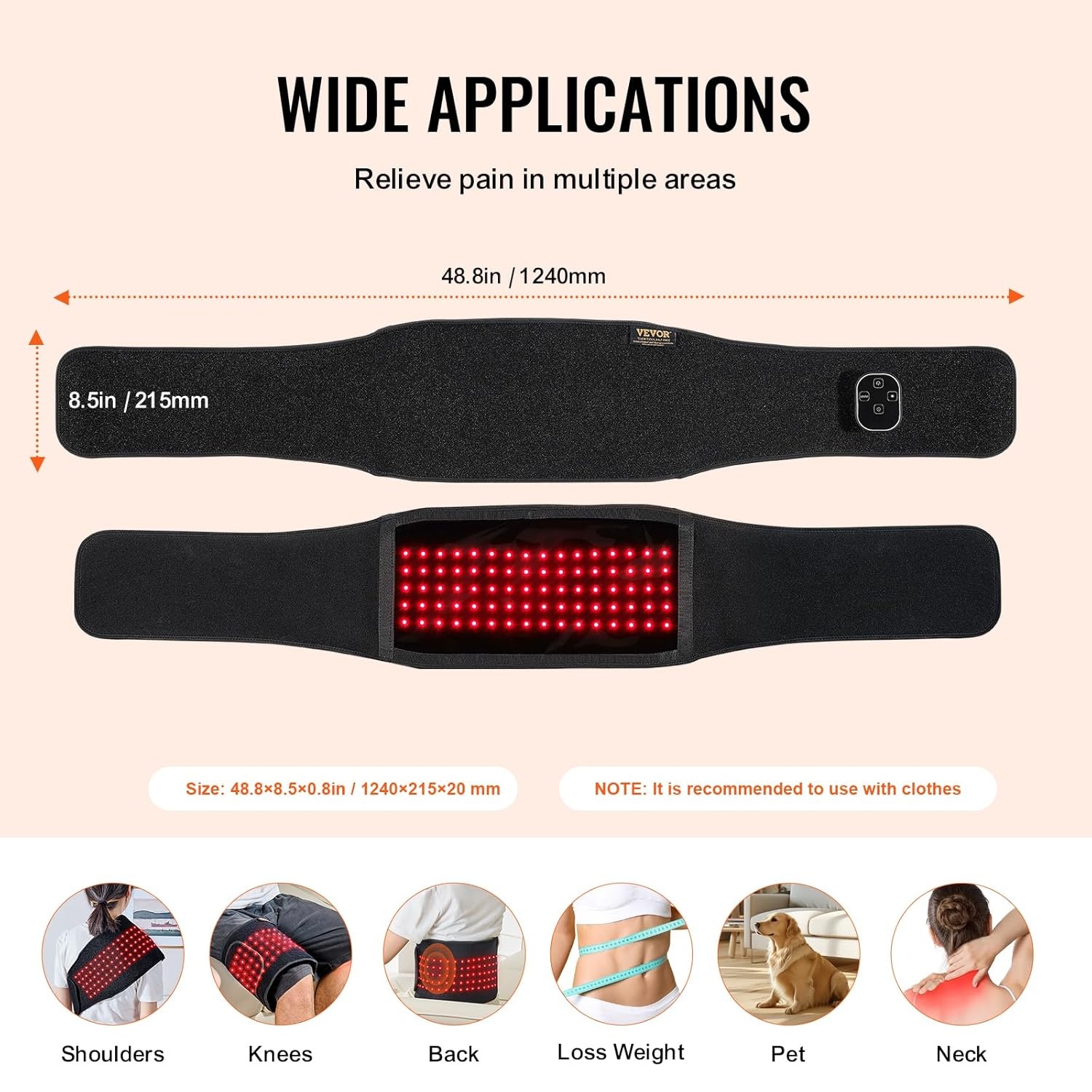 VEVOR Roodlicht therapie-riem voor taille en schouders 660 nm en 850 nm met timer, 80 leds vibratie 3 niveaus impuls 10 Hz, therapiekussen met rood licht, draadloos, voor pijnverlichting