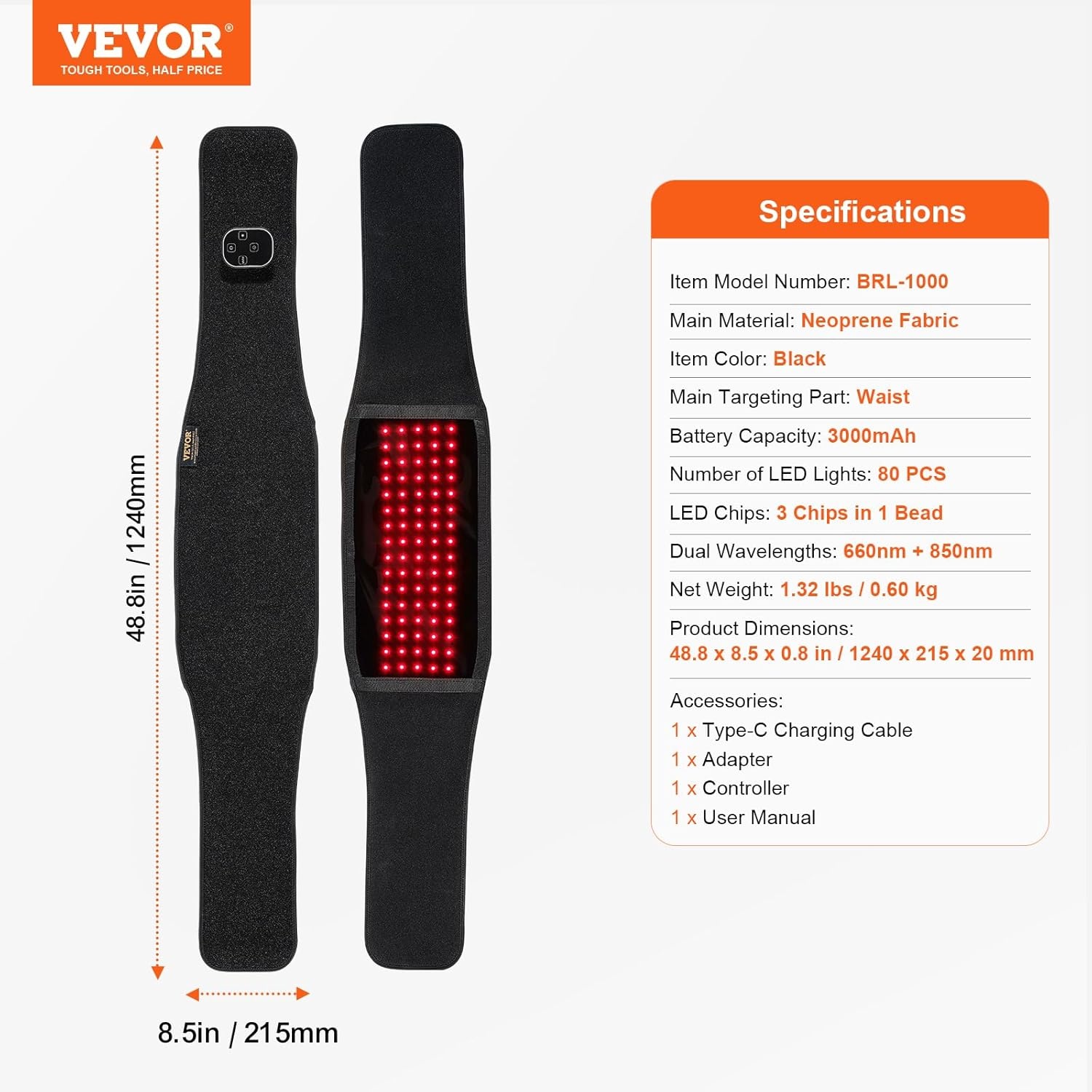 VEVOR Roodlicht therapie-riem voor taille en schouders 660 nm en 850 nm met timer, 80 leds vibratie 3 niveaus impuls 10 Hz, therapiekussen met rood licht, draadloos, voor pijnverlichting