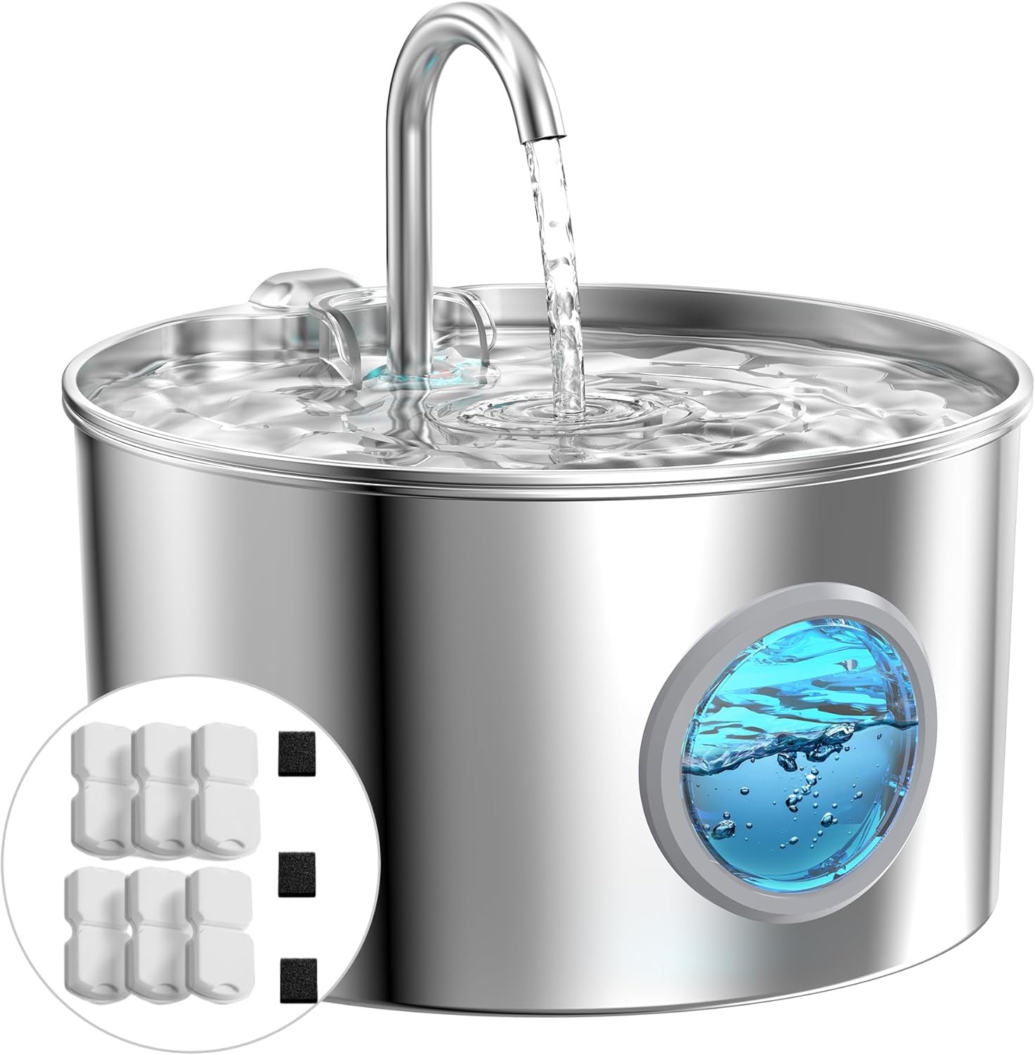 Roestvrijstalen kattenfontein, automatische kattendrinkbak, 2,2 l, waterfontein voor katten, zeer stil, waterdispenser voor katten en honden, met 6 filters + 3 sponzen