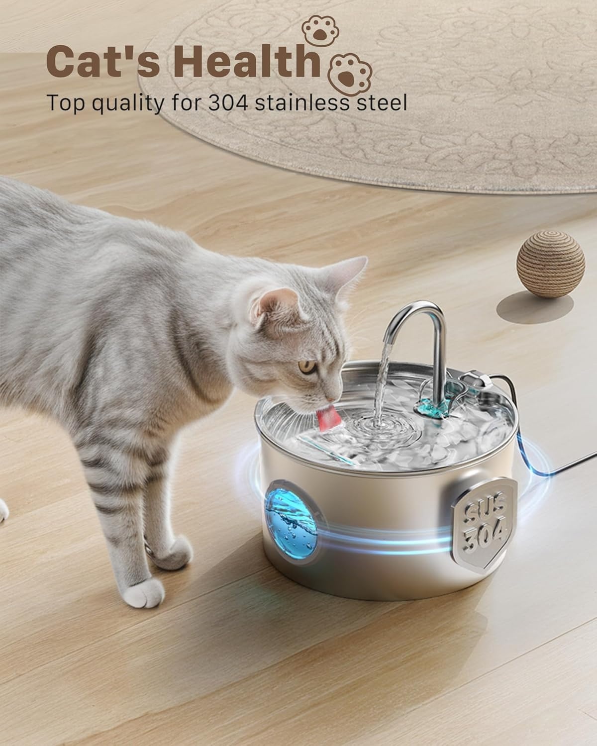 Roestvrijstalen kattenfontein, automatische kattendrinkbak, 2,2 l, waterfontein voor katten, zeer stil, waterdispenser voor katten en honden, met 6 filters + 3 sponzen