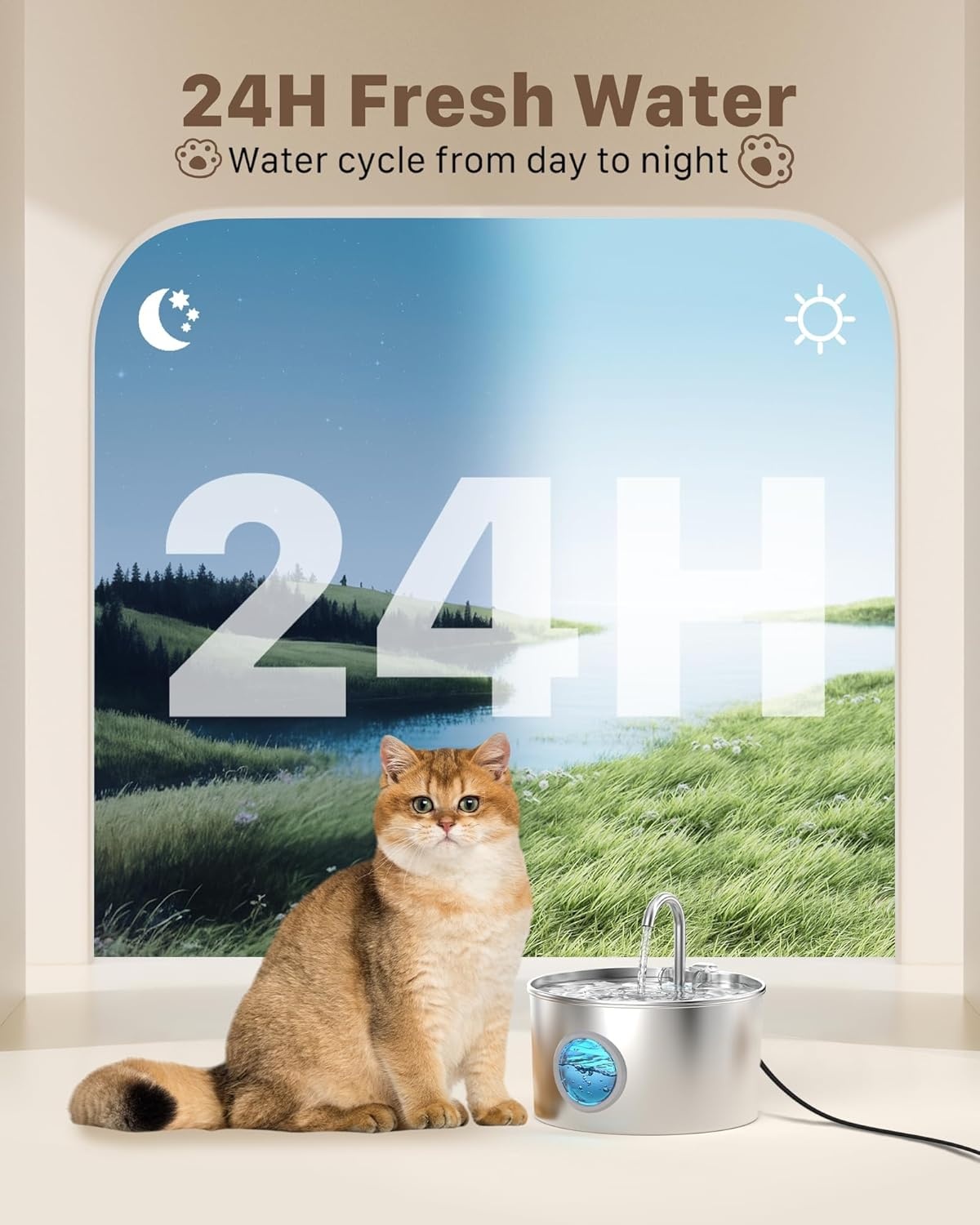 Roestvrijstalen kattenfontein, automatische kattendrinkbak, 2,2 l, waterfontein voor katten, zeer stil, waterdispenser voor katten en honden, met 6 filters + 3 sponzen