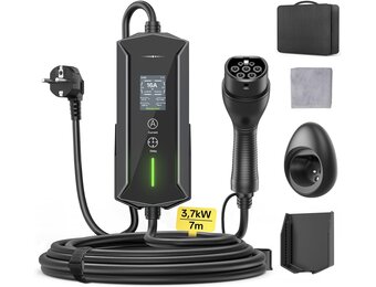 Type 2 oplaadkabel Schuko 3,7 kW - 7 m | 6-16 A | 1-fase draagbare EV oplader IP65 waterdicht met LCD-display, instelbaar laadvermogen, instelling starttijd, voor alle EV's (IEC 62196-2) & PHEVS