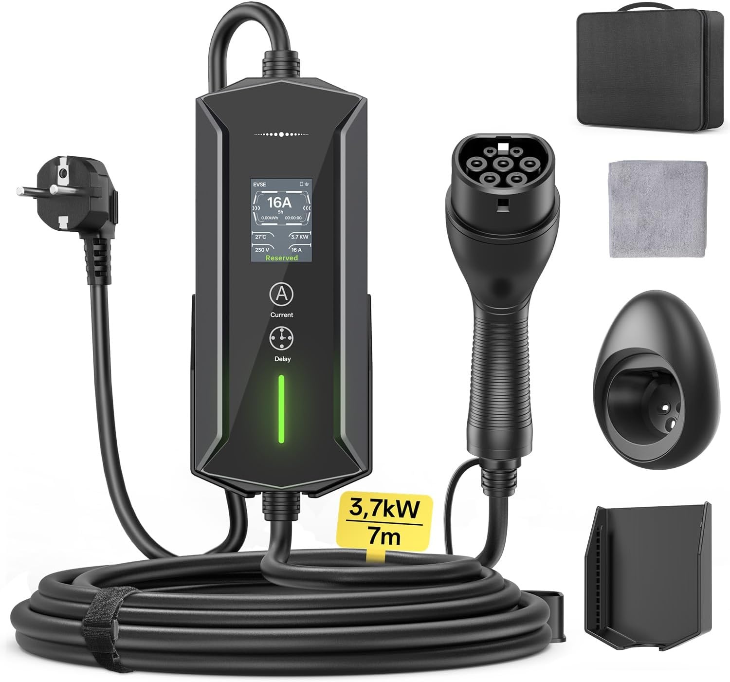 Type 2 oplaadkabel Schuko 3,7 kW - 7 m | 6-16 A | 1-fase draagbare EV oplader IP65 waterdicht met LCD-display, instelbaar laadvermogen, instelling starttijd, voor alle EV's (IEC 62196-2) & PHEVS