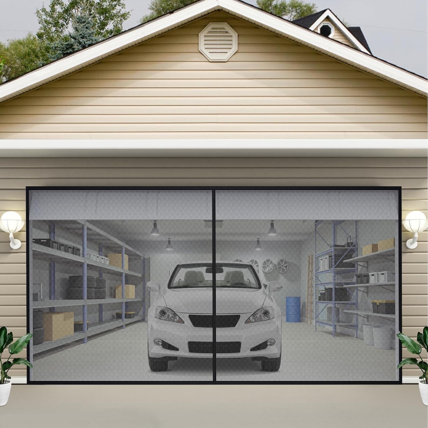 VEVOR Garagedeurscherm, 5,5 x 2,1 m voor 2 auto's, 2,6 kg zwaar glasvezelgaas voor snelle instap met zelfsluitende magneet en verzwaarde bodem, kinder-/huisdiervriendelijk, eenvoudig te installeren en