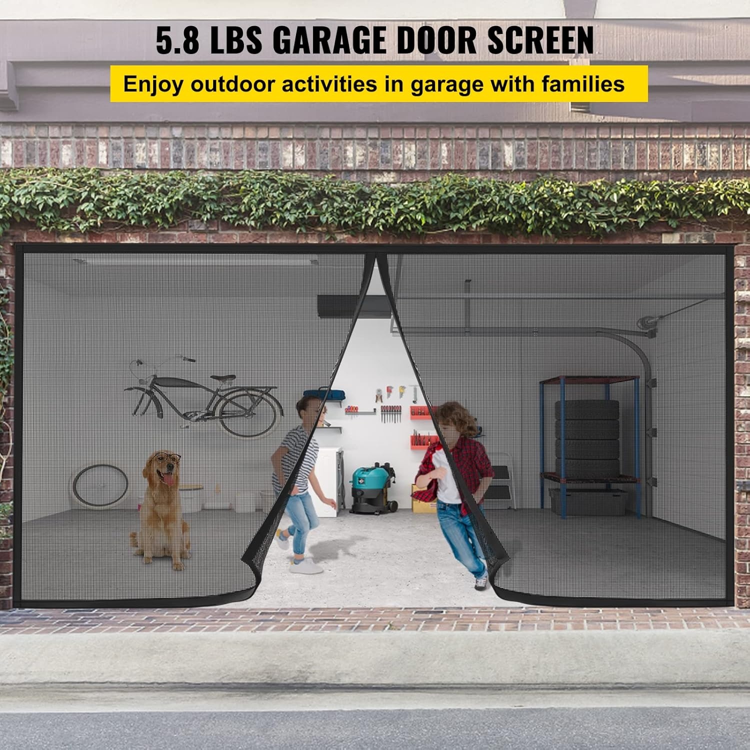 VEVOR Garagedeurscherm, 5,5 x 2,1 m voor 2 auto's, 2,6 kg zwaar glasvezelgaas voor snelle instap met zelfsluitende magneet en verzwaarde bodem, kinder-/huisdiervriendelijk, eenvoudig te installeren en