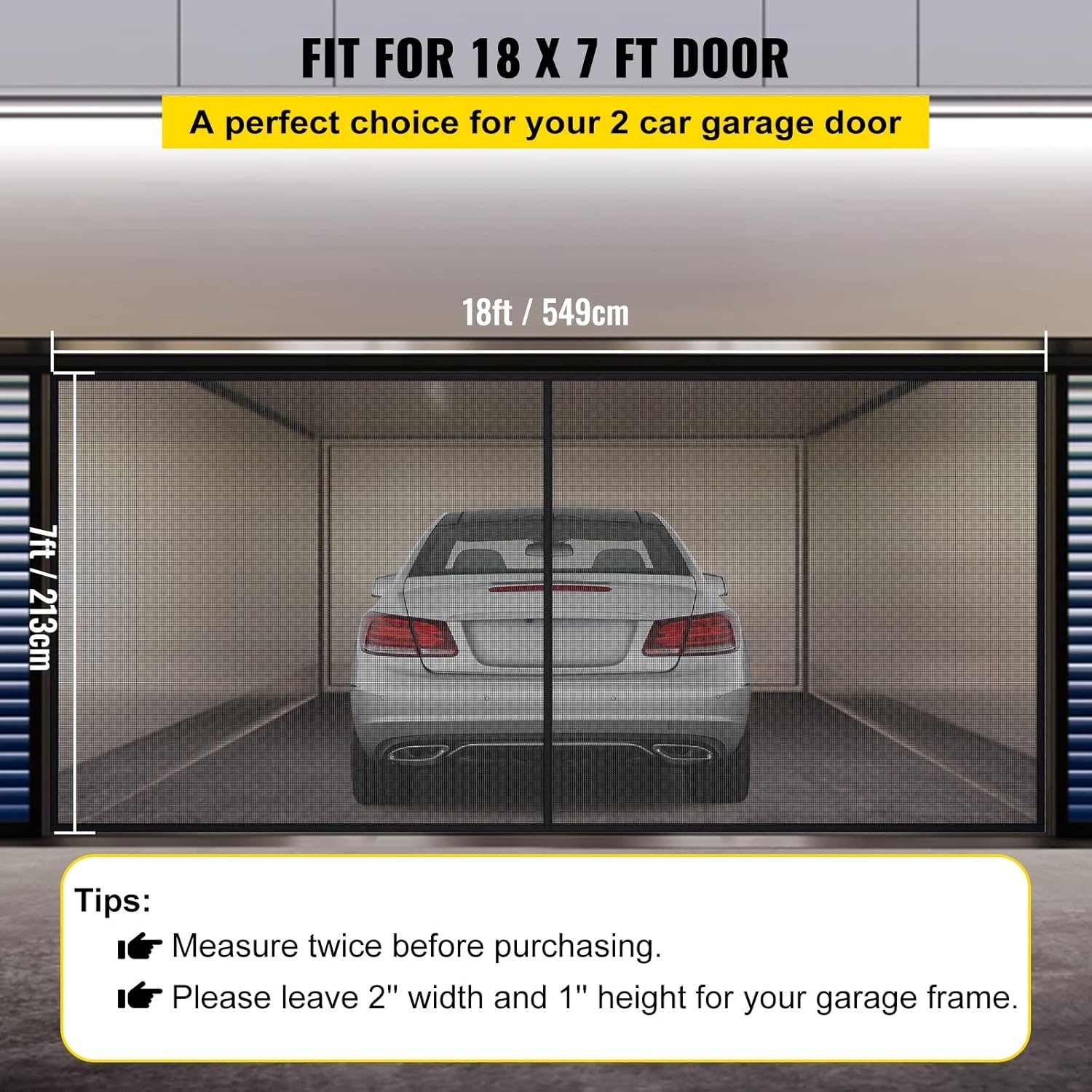 VEVOR Garagedeurscherm, 5,5 x 2,1 m voor 2 auto's, 2,6 kg zwaar glasvezelgaas voor snelle instap met zelfsluitende magneet en verzwaarde bodem, kinder-/huisdiervriendelijk, eenvoudig te installeren en
