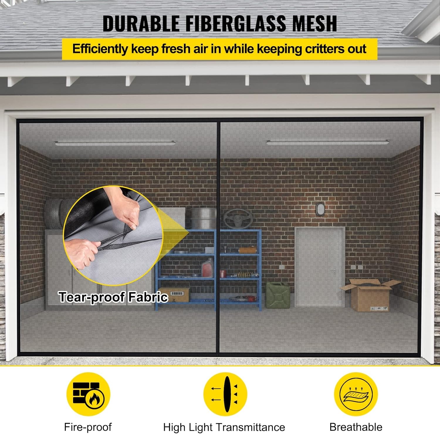 VEVOR Garagedeurscherm, 5,5 x 2,1 m voor 2 auto's, 2,6 kg zwaar glasvezelgaas voor snelle instap met zelfsluitende magneet en verzwaarde bodem, kinder-/huisdiervriendelijk, eenvoudig te installeren en