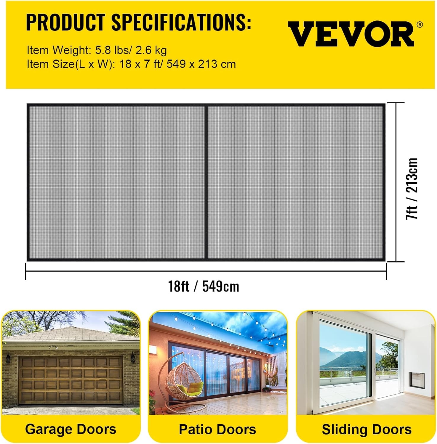 VEVOR Garagedeurscherm, 5,5 x 2,1 m voor 2 auto's, 2,6 kg zwaar glasvezelgaas voor snelle instap met zelfsluitende magneet en verzwaarde bodem, kinder-/huisdiervriendelijk, eenvoudig te installeren en