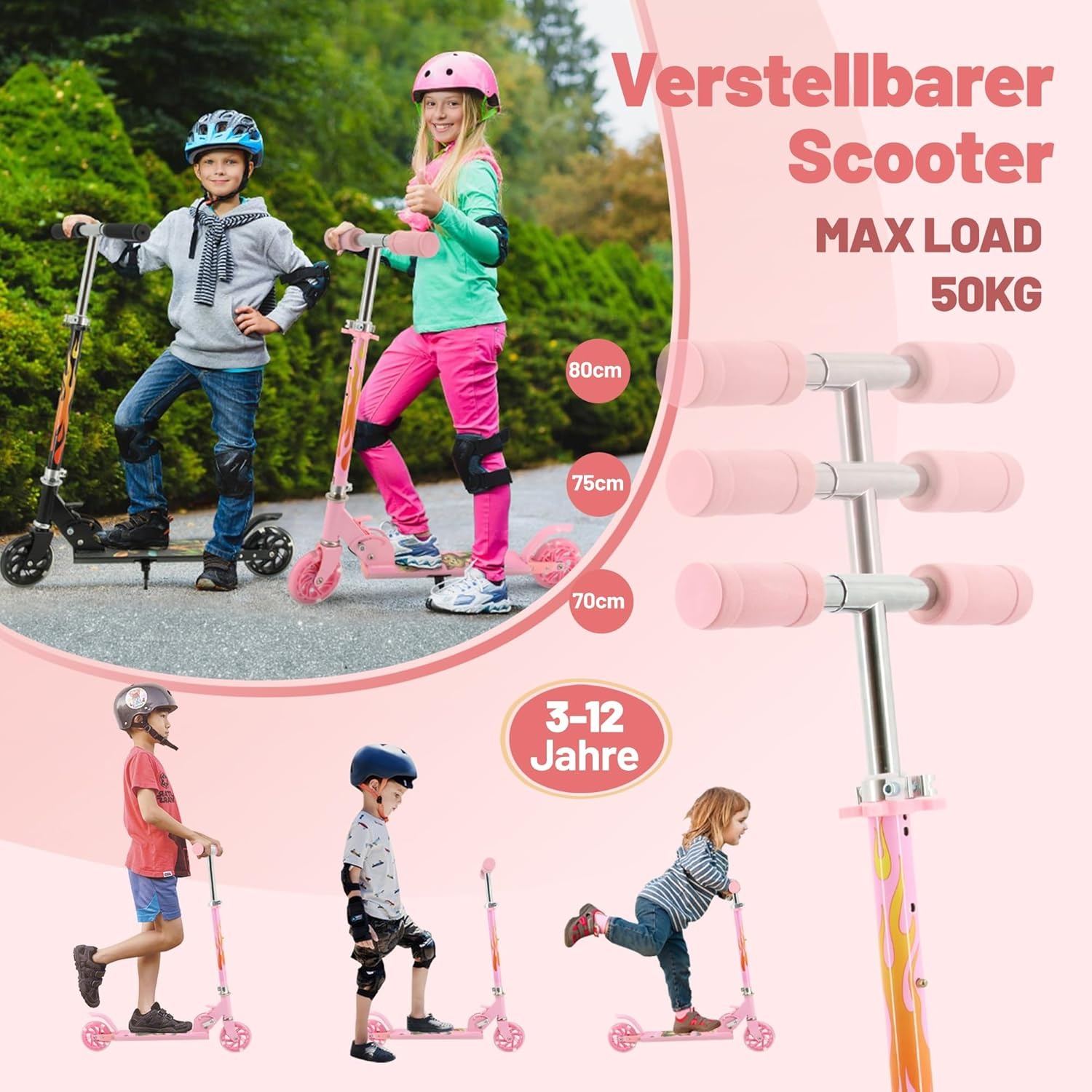 TENBOOM Kinderstep voor kinderen, 6 jaar, met 2 oplichtende leds, 3 jaar, meisjes en jongens, inklapbaar, in hoogte verstelbaar, achterwielrem, step voor 3 tot 10 jaar