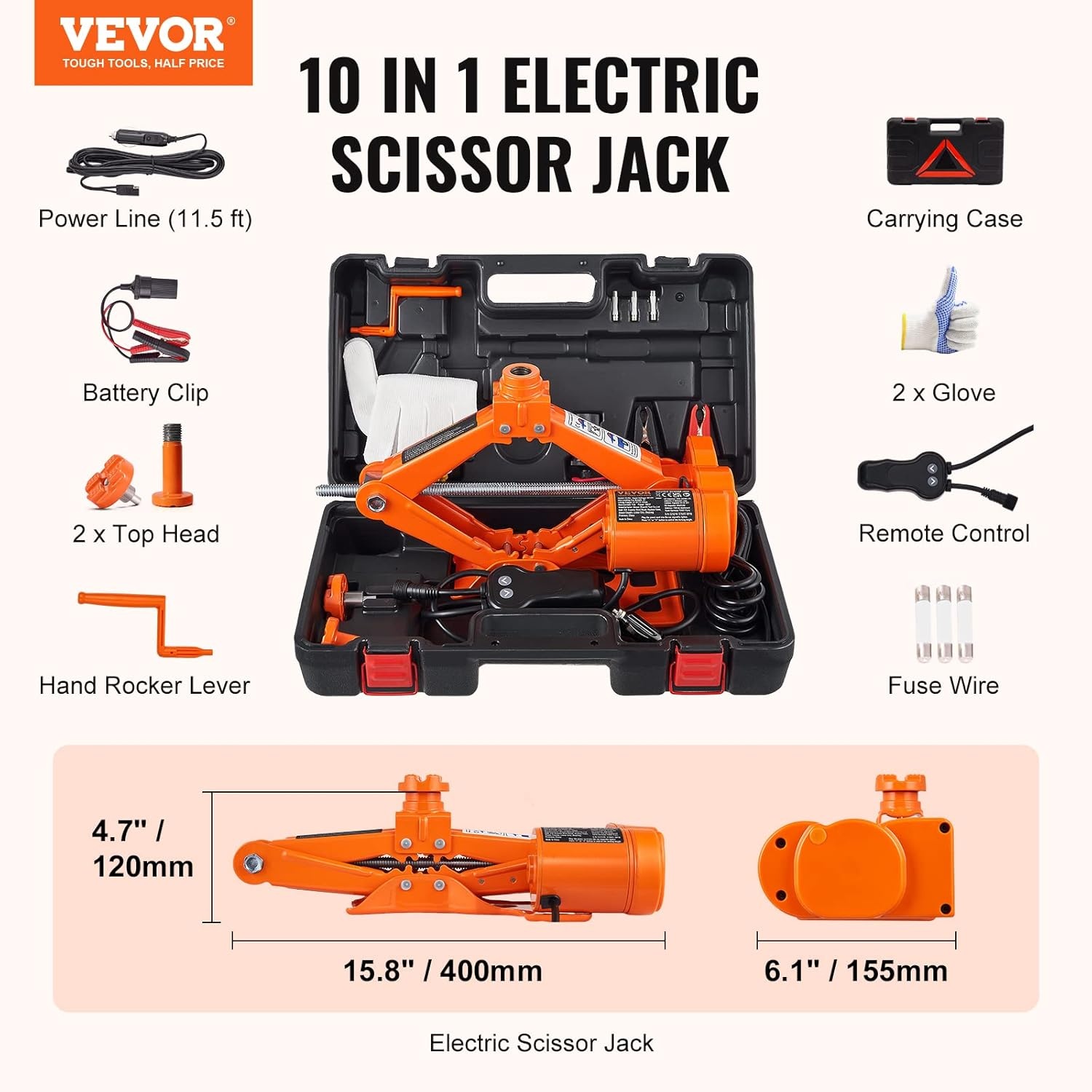VEVOR Elektrische Scharenkrik 3 Ton - 12V Auto Krik met Afstandsbediening - Oranje